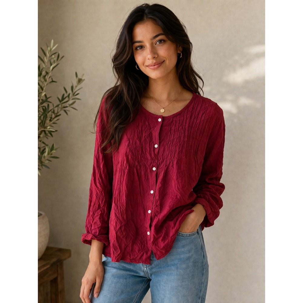 Old Navy Pintuck Blouse Womens XXL Red Cottagecore Boho Button Down